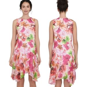 CECE "Summer Tropics" Floral Print Chiffon Handkerchief Midi Dress - Size12